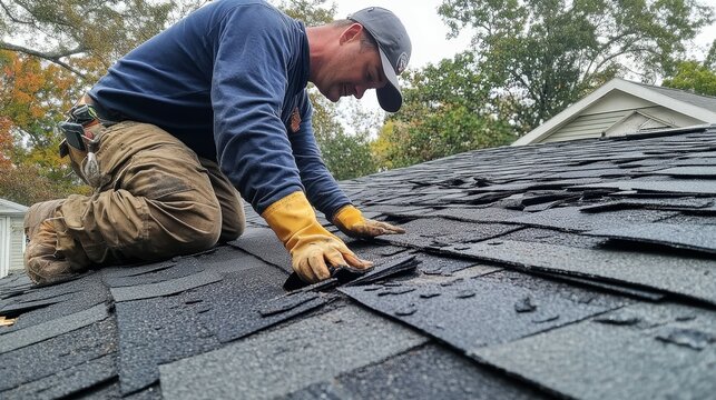 Hands positioning shingles during roofing work