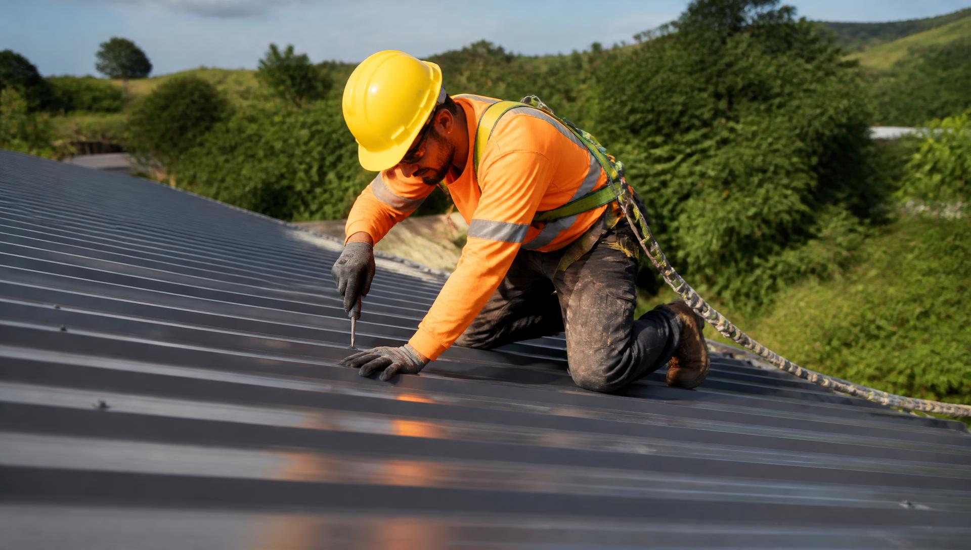 Illustrative worker inspecting a metal roof